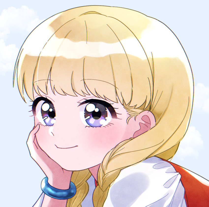 1girl, blonde_hair, bracelet, braid, commentary_request, dragon_quest, dragon_quest_xi, hand_on_own_cheek