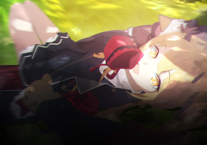 1girl, absurdres, animal_bag, bear_bag, black_jacket, black_skirt, blonde_hair, blue_archive