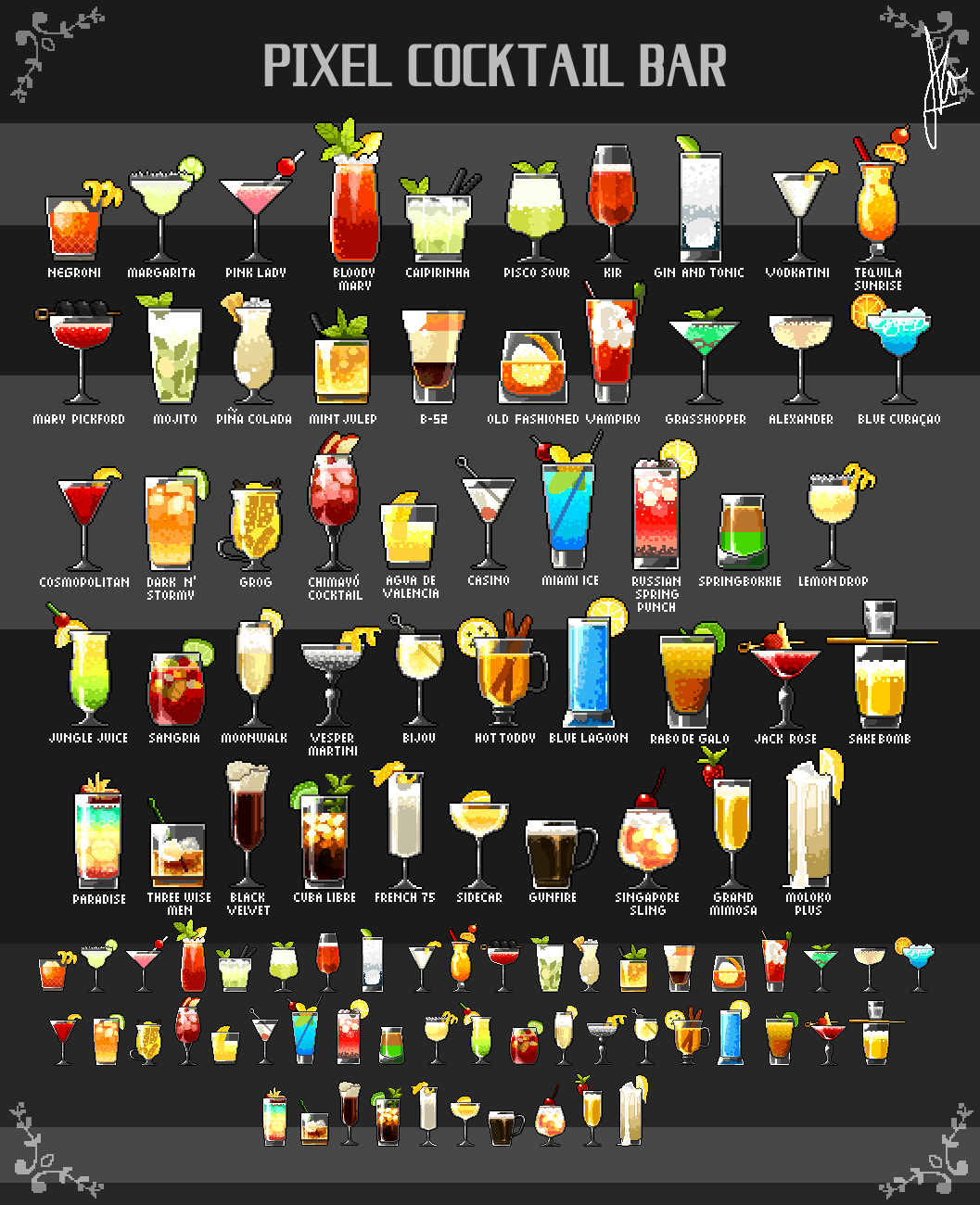 agua_de_valencia, alcohol, alexander_(drink), b-52_(drink), beer, bijou_(drink), black_velvet_(drink), bloody_mary_(drink), blue_curacao, blue_lagoon, caipirinha_(drink), casino_(drink), cherry, chimayo_cocktail, cocktail, cocktail_glass, cocktail_pick, cosmopolitan_(drink), cup, dark_'n'_stormy, drink, drinking_glass, duckpasta_flo, food, food_focus, french_75, fruit, gin_and_tonic_(drink), gin_tonic, grand_mimosa, grasshopper_(drink), grog_(drink), gunfire_(drink), highres, hot_toddy, jack_rose, jungle_juice_(drink), kir_(drink), lemon, lemon_drop_(drink), lemon_slice, lime_(fruit), lime_slice, maraschino, margarita, margarita_glass, mary_pickford_(drink), miami_ice, mint_julep, mojito, moloko_plus, moonwalk_(drink), negroni, no_humans, original, paradise_(drink), pina_colada, pink_lady_(drink), pisco_sour, pixel_art, rabo_de_galo, rum_and_coke, russian_spring_punch, sake_bomb, sangria_(drink), shot_glass, sidecar_(drink), singapore_sling, springbokkie, tequila_sunrise, three_wise_men_(drink), vesper_martini, vodkatini