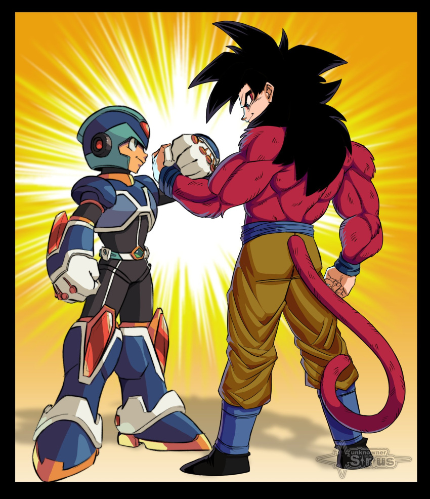 2boys, android, armor, black_hair, blue_armor, blue_boots, blue_eyes, blue_helmet