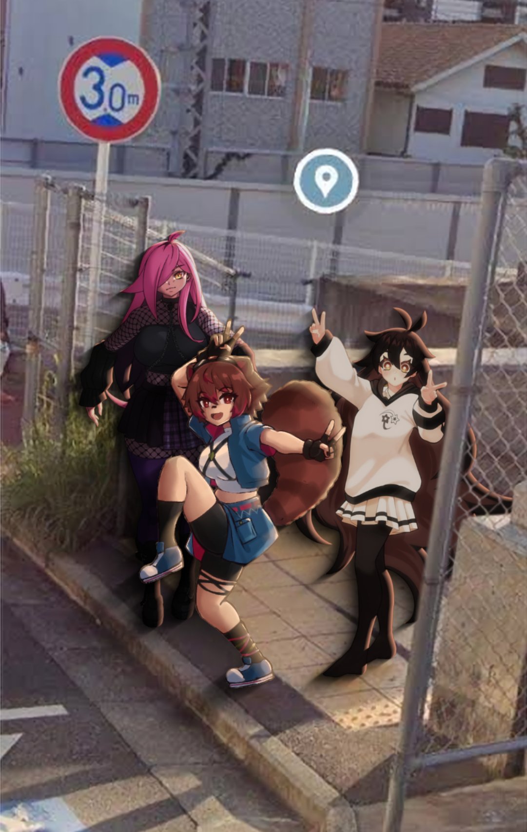 3girls, ahoge, animal_ears, antenna_hair, archived_source, arm_up, artist_collaboration, asymmetrical_hair