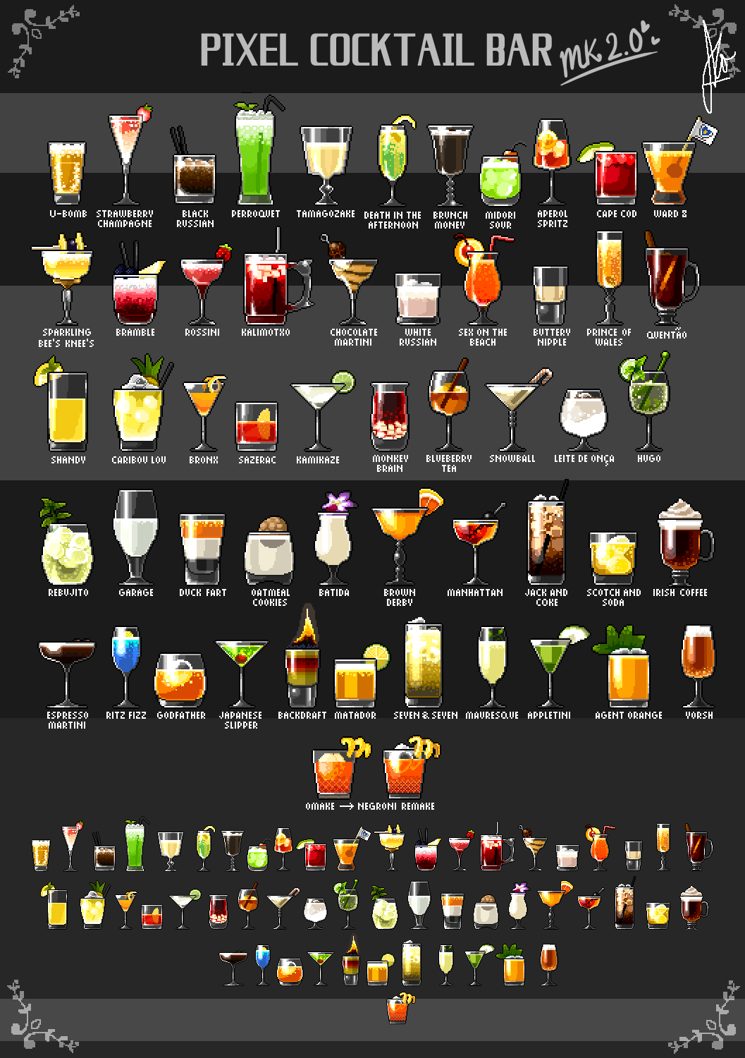 agent_orange_(drink), alcohol, aperol_spritz, appletini, backdraft_(drink), batida, black_russian, blueberry_tea_(drink), bramble_(drink), bronx_(drink), brown_derby, brunch_money, buttery_nipple, candy, candy_cane, cape_cod_(drink), caribou_lou, chocolate_martini, cocktail, cocktail_glass, cocktail_pick, cup, death_in_the_afternoon, drink, drinking_glass, drinking_straw, duck_fart, duckpasta_flo, espresso_martini, food, food_focus, fruit, godfather_(drink), heart, highres, hugo_(drink), irish_coffee, jack_and_coke, japanese_slipper, kalimotxo, kamikaze_(drink), leite_de_onca, lemon, lemon_slice, lime_(fruit), lime_slice, manhattan_(drink), martini, massachusetts_flag, matador_(drink), mauresque, midori_sour, mini_flag, monkey_brain, negroni, no_humans, oatmeal_cookie_(drink), original, perroquet, pixel_art, prince_of_wales_(drink), quentao, ritz_fizz, rossini_(drink), sazerac, scotch_and_soda, seven_and_seven, sex_on_the_beach, shandy_(drink), snowball_(drink), sparkling_bee's_knees, strawberry_champagne, tamagozake, u-bomb_(drink), vorsh, ward_8