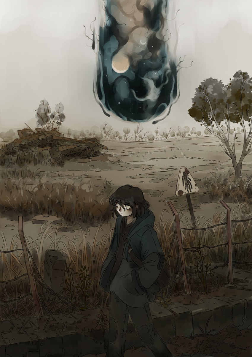 1girl, :/, backpack, bag, barbed_wire, black_pants, black_shirt, blue_jacket