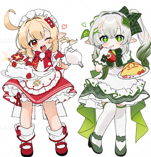 2girls, :q, ;o, ahoge, alternate_costume, apron, blonde_hair, blush