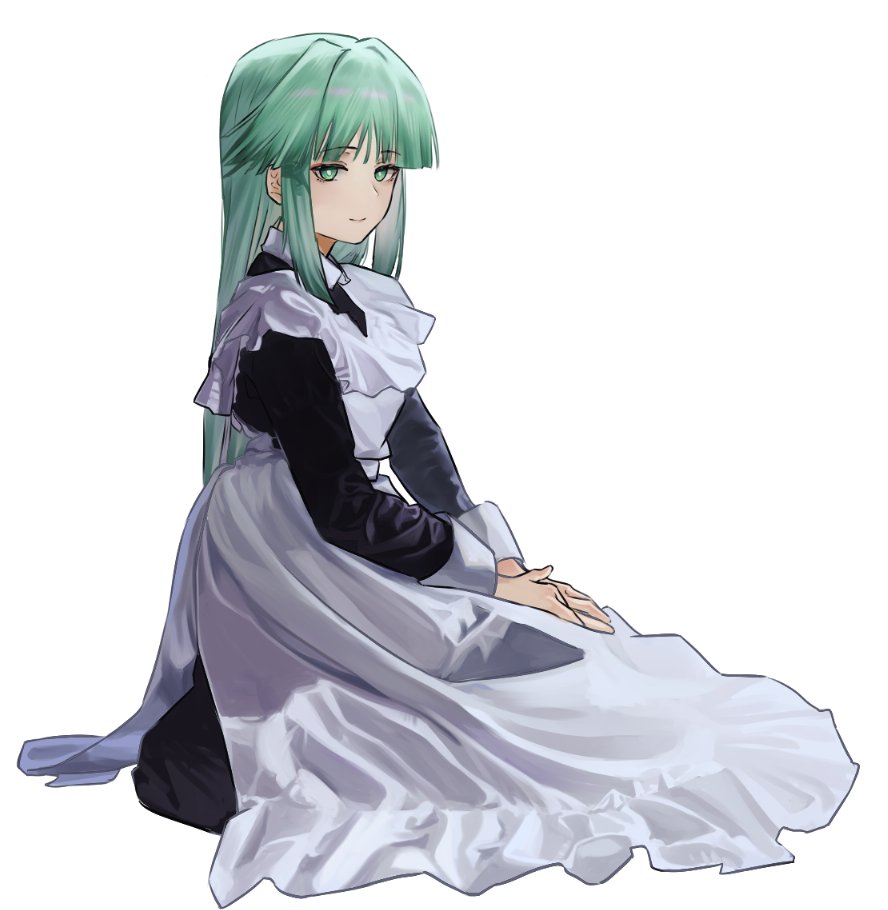 1girl, apron, blunt_bangs, dress, full_body, green_eyes, green_hair, kneeling