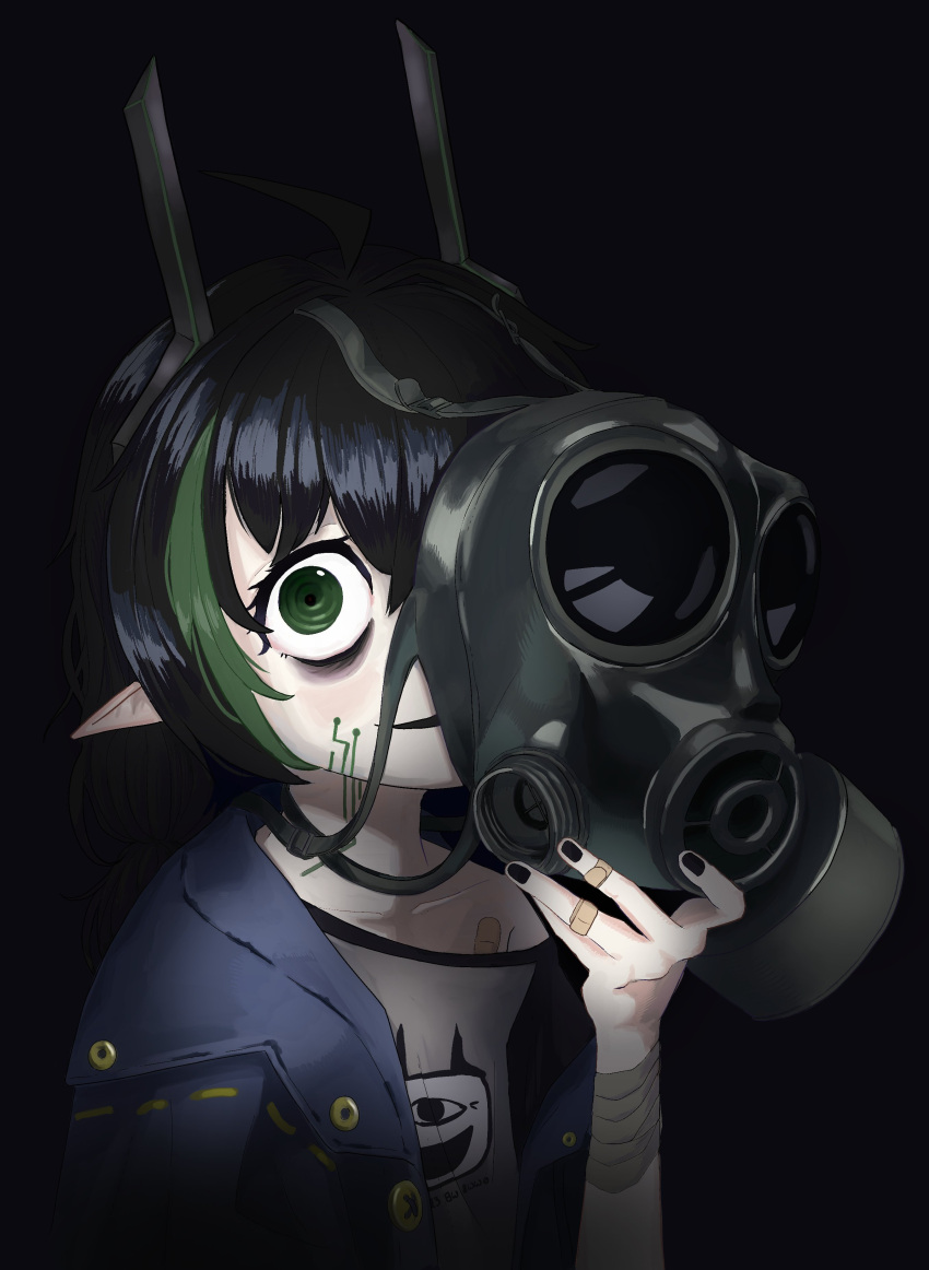 1girl, absurdres, bandaged_arm, bandages, bandaid_on_chest, bandaid_on_finger, black_background, black_hair