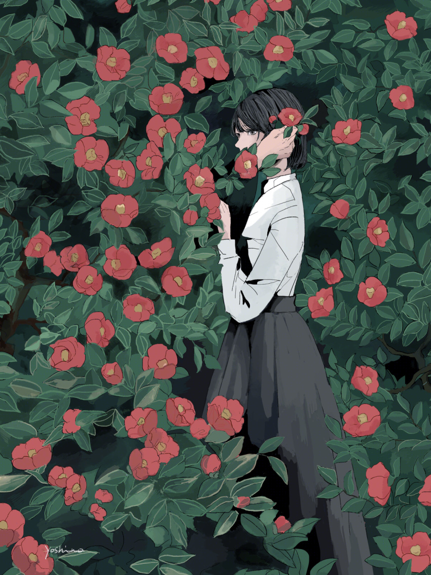 1girl, artist_name, black_hair, black_skirt, bush, flower, gghost0627, highres