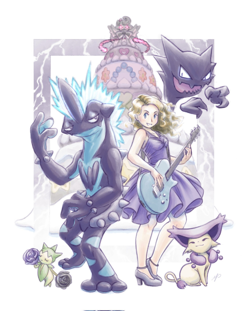alcremie, blonde_hair, delcatty, dress, electric_guitar, gigantamax_alcremie, guitar, haunter