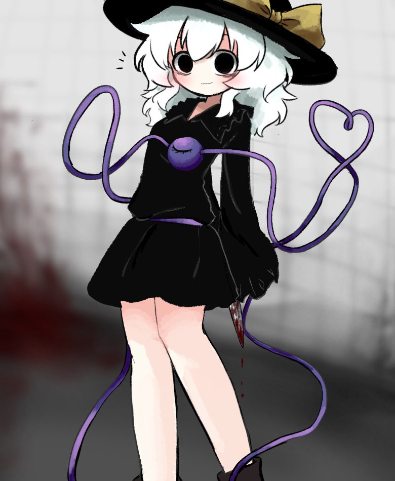 1girl, alternate_color, black_dress, black_eyes, black_hat, blood, blood_on_ground, blood_on_knife