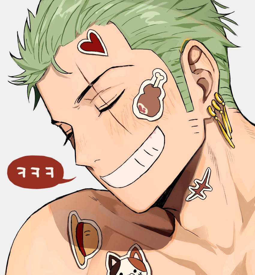1boy, blush, calico_cat, cat, closed_eyes, colored_speech_bubble, commentary_request, earrings, green_hair, grin, hat, highres, jewelry, jjerri00, korean_commentary, male_focus, multiple_earrings, nude, one_piece, piercing, roronoa_zoro, scar, scar_across_eye, scar_on_face, short_hair, sideburns, simple_background, smile, solo, speech_bubble, sticker, sticker_on_face, sticker_on_shoulder, straw_hat, teeth, upper_body, very_short_hair, white_background