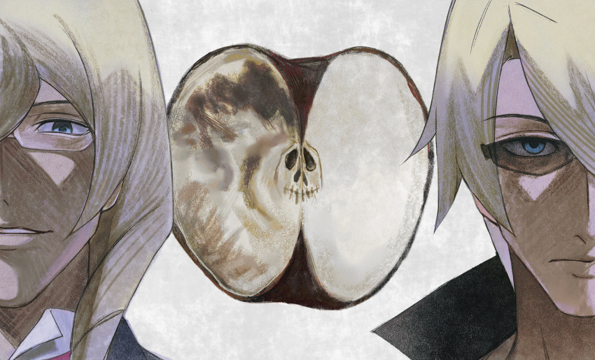 2boys, absurdres, ace_attorney, apollo_justice:_ace_attorney, apple, black_shirt, blonde_hair, blue_eyes