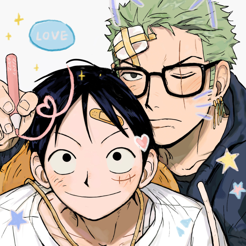 2boys, bandaid, bandaid_on_face, bandaid_on_forehead, bespectacled, black_eyes, black_hair, black_shirt