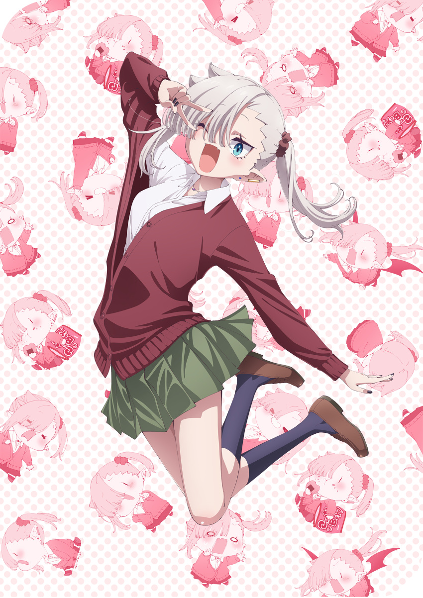 1girl, black_nails, black_socks, blue_eyes, brown_shoes, cardigan, chanto_suenai_kyuuketsuki-chan, chibi