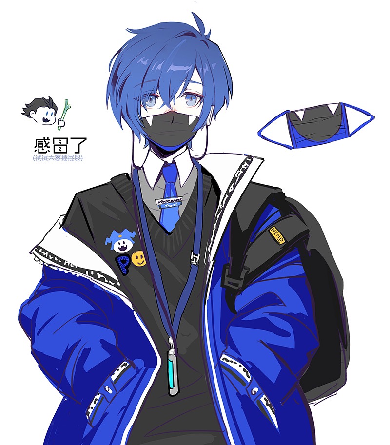 1boy, black_hair, black_sweater, blue_coat, blue_eyes, blue_hair, blue_necktie, character_mask