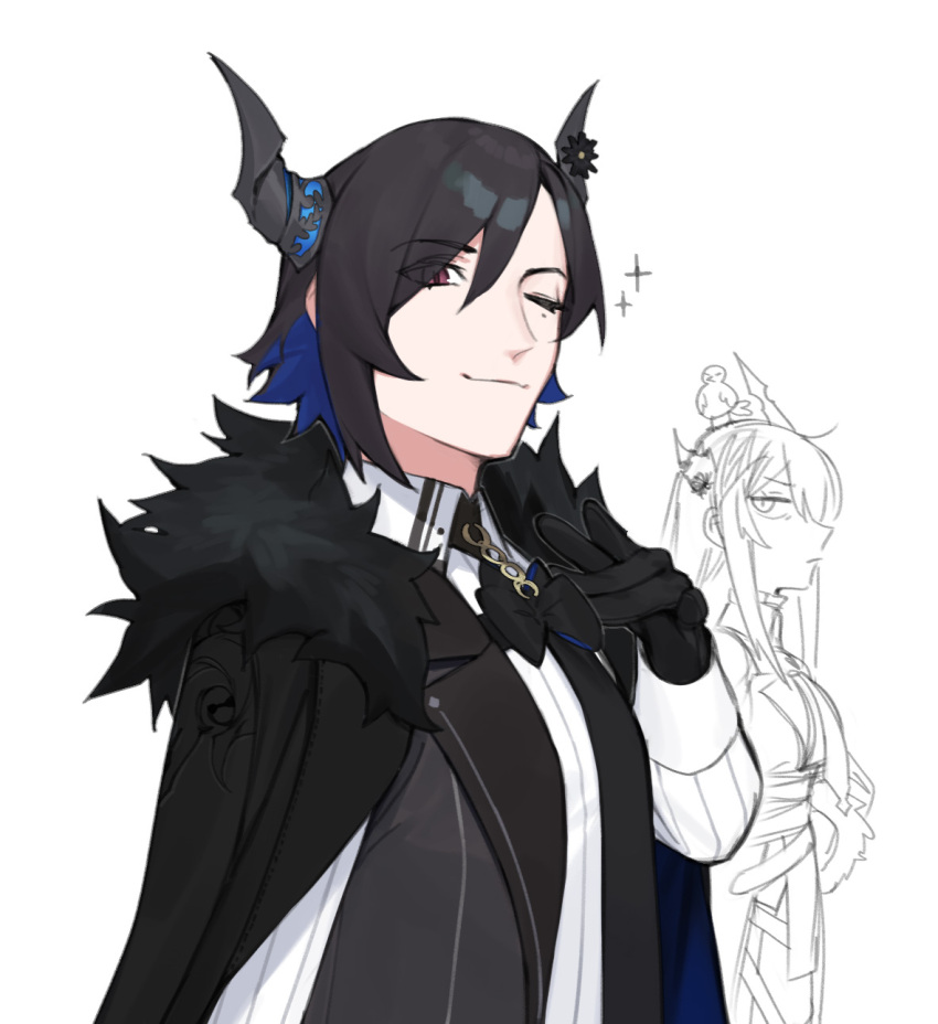 1boy, 1girl, black_cloak, black_gloves, black_hair, black_horns, black_vest, blue_hair