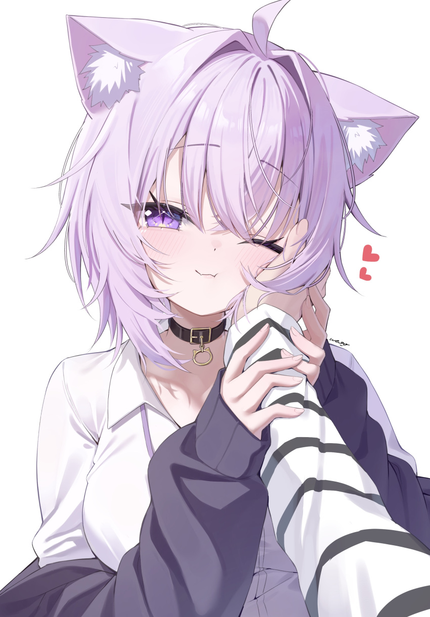 1girl, 1other, ;3, absurdres, ahoge, ai_(u_e_o_o), animal_ear_fluff, animal_ears, black_jacket, cat_ears, cat_girl, collared_shirt, commentary_request, crossed_bangs, dress_shirt, hair_between_eyes, hand_grab, hand_on_another's_cheek, hand_on_another's_face, highres, hololive, jacket, long_sleeves, looking_at_viewer, medium_hair, messy_hair, neck_ribbon, nekomata_okayu, nekomata_okayu_(oversized_shirt), official_alternate_costume, one_eye_closed, open_clothes, open_jacket, pov, pov_hands, purple_hair, purple_ribbon, ribbon, shirt, simple_background, solo_focus, upper_body, violet_eyes, virtual_youtuber, white_shirt