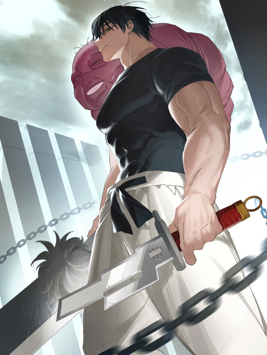 1boy, adam's_apple, black_hair, black_shirt, chain, closed_mouth, clouds, cloudy_sky, covered_abs, covered_pectorals, cursed_spirit_(jujutsu_kaisen), feet_out_of_frame, frown, fushiguro_touji, highres, holding, holding_weapon, inventory_curse_(jujutsu_kaisen), inverted_spear_of_heaven_(jujutsu_kaisen), jujutsu_kaisen, looking_down, male_focus, mature_male, pants, pectorals, shirt, short_hair, sky, solo, standing, tight_clothes, wariawabi, weapon, white_pants