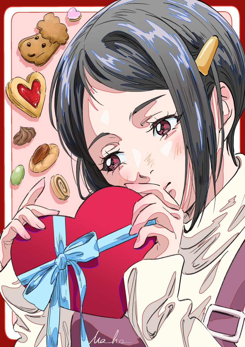 1girl, aoki_maho, artist_name, astro_note, black_hair, box, brown_eyes, cookie