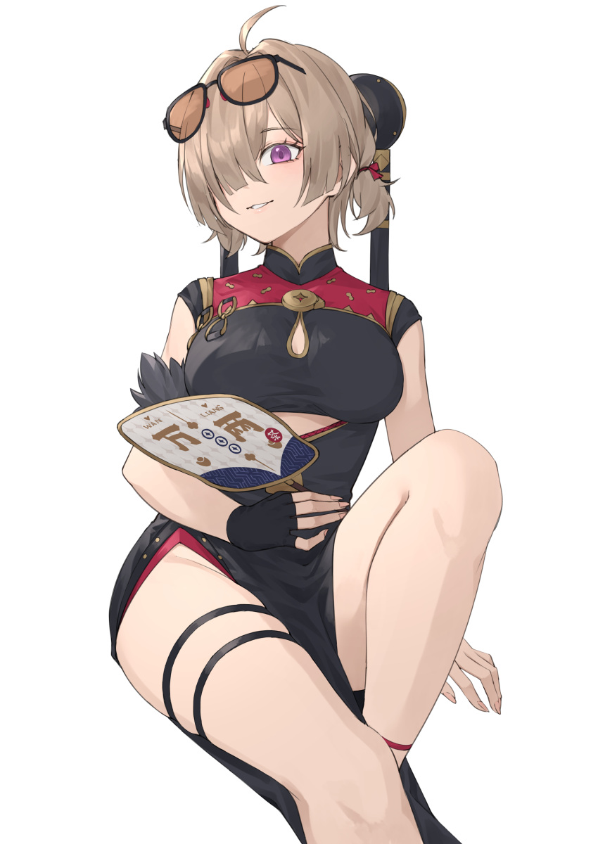 absurdres, china_dress, chinese_clothes, clothing_cutout, dress, eyewear_on_head, fingerless_gloves, folding_fan