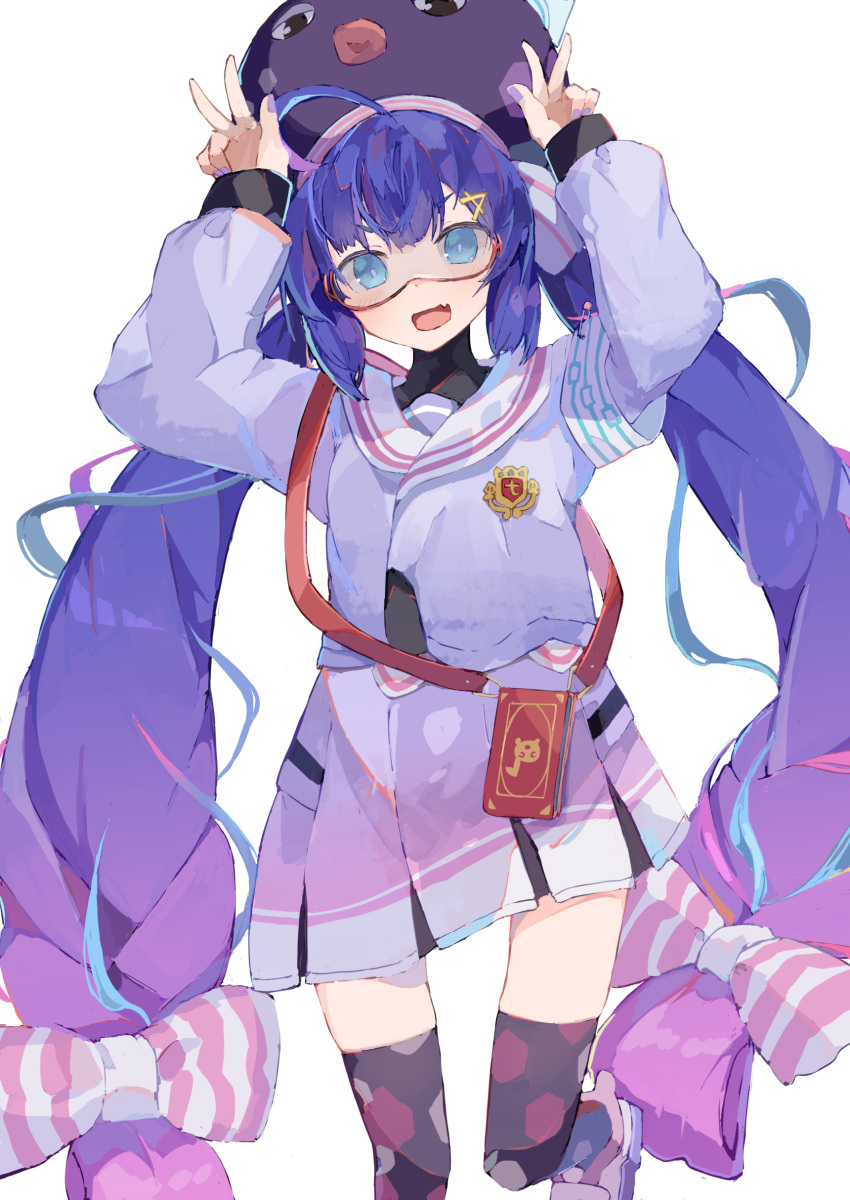 1girl, absurdres, ahoge, animal_hat, armband, arms_up, black_hat, black_thighhighs