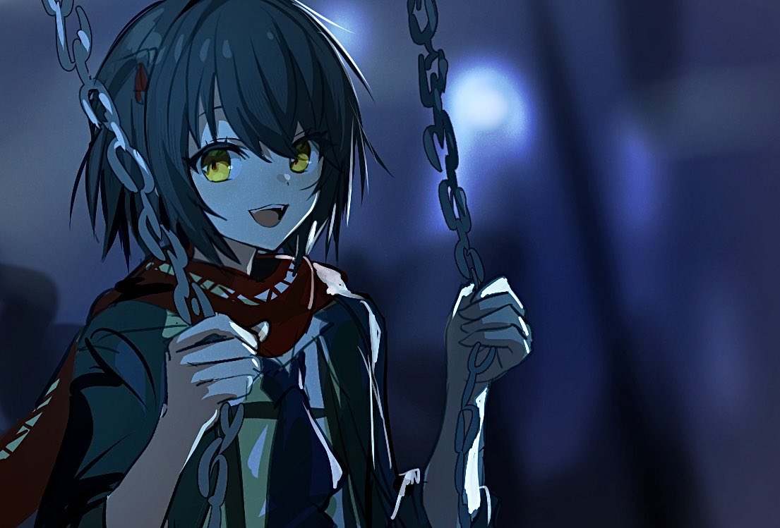 1boy, black_hair, blue_jacket, blue_necktie, blurry, blurry_background, chain, jacket