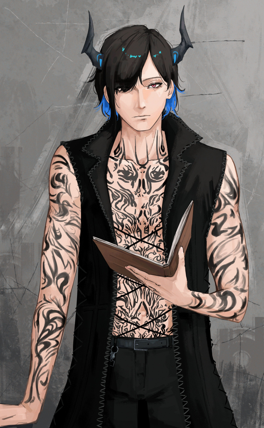 1boy, absurdres, belt, black_belt, black_coat, black_hair, black_horns, black_pants