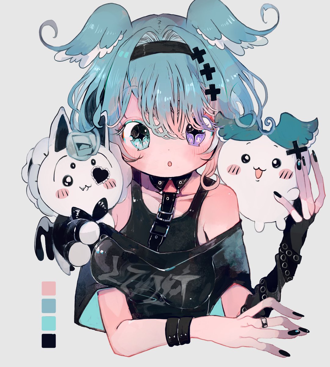 1girl, :o, aqua_eyes, aqua_hair, arm_warmers, bare_shoulders, black_nails, blush