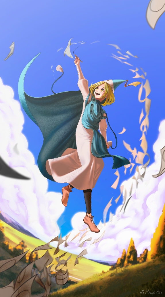 1girl, black_leggings, blonde_hair, bobertio, brown_shoes, clouds, coco_(tongari_boushi_no_atelier), day