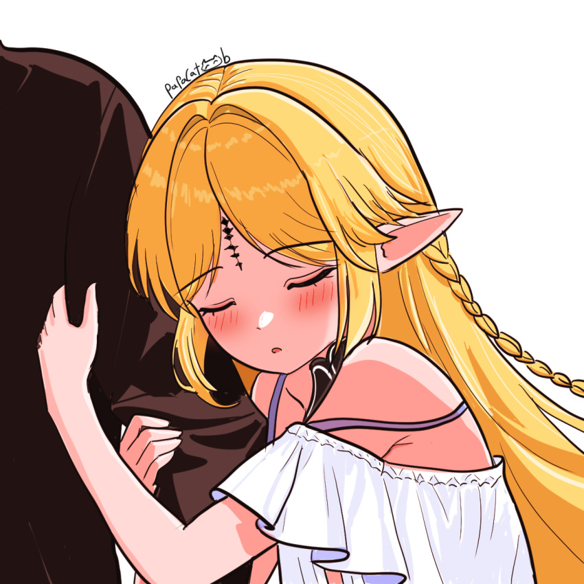 1boy, 1girl, alternate_costume, arm_hug, bare_shoulders, black_collar, blonde_hair, blush