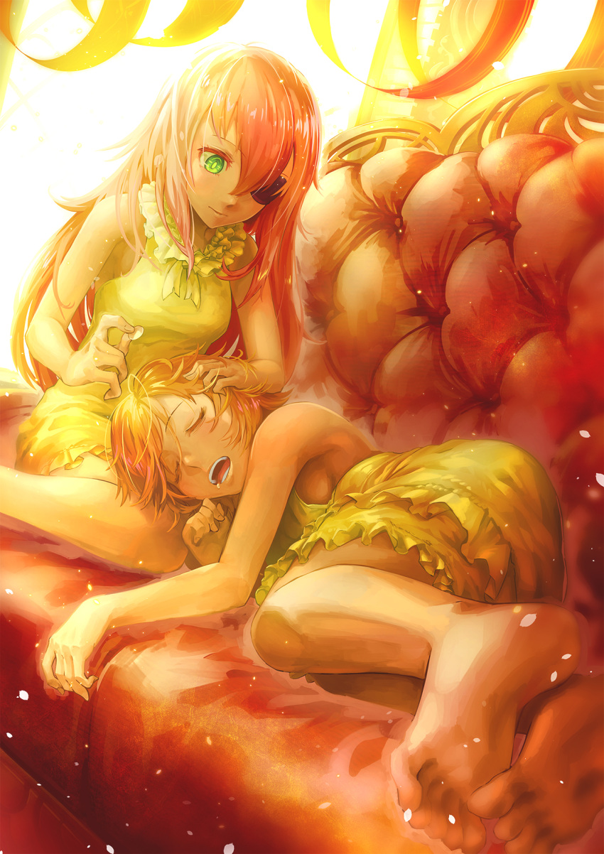 artificial_eye, blonde_hair, couch, cz2128_delta, dog_man_cat, dress, drooling, eyepatch