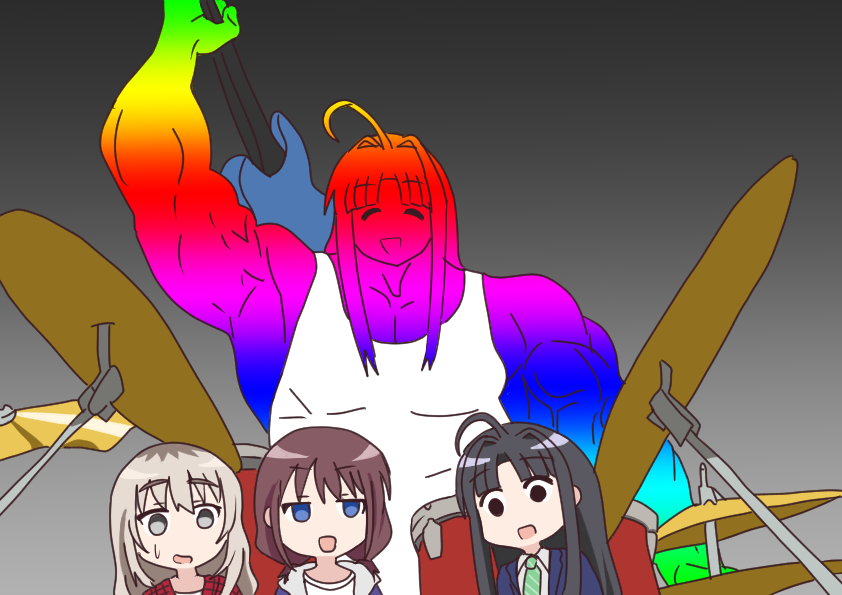 3girls, ahoge, awa_subaru, bocchi_the_rock!, drum, drum_set, electric_guitar, girls_band_cry, gorumosu, guitar, instrument, iseri_nina, kawaragi_momoka, multiple_girls, muscular, muscular_female, necktie, parody, rainbow_gradient, shirt, sleeveless, sleeveless_shirt