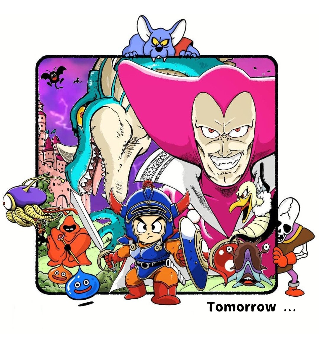 2boys, 6+others, aqua_skin, armor, asymmetrical_dual_wielding, black_border, black_eyes, blue_armor, blue_helmet, bodysuit, boots, border, cape, castle, chibi, chimaera_(dragon_quest), colored_sclera, colored_skin, commentary, covered_pectorals, creature_request, dracky, dragon, dragon_boy, dragon_lord, dragon_quest, dragon_quest_i, drohl_drone, dual_persona, dual_wielding, english_commentary, english_text, evil_grin, evil_smile, fake_horns, fangs, fins, gloves, grin, head_fins, helmet, hero_(dq1), holding, holding_shield, holding_staff, holding_sword, holding_weapon, horned_helmet, horns, looking_at_viewer, looking_down, looking_to_the_side, looking_up, mage_staff, multiple_boys, multiple_others, nose_horn, open_mouth, orange_bodysuit, orange_robe, pectorals, pink_hood, purple_sky, red_boots, red_cape, red_eyes, red_gloves, red_horns, robe, scabbard, she-slime, sheath, shield, skeleton_(dragon_quest), sky, slime_(dragon_quest), smile, staff, sword, tcgf_04, two-sided_cape, two-sided_fabric, weapon, white_cape, widow's_peak, yellow_sclera