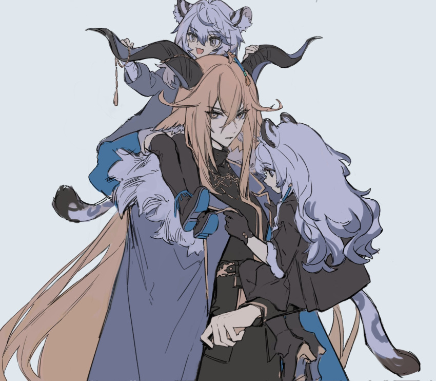 3girls, :d, aged_down, ahoge, alternate_costume, animal_ear_fluff, animal_ears, arknights