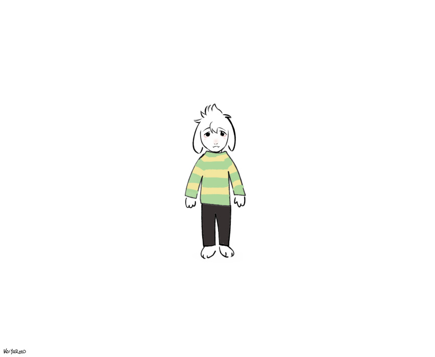 1boy, absurdres, animal_ears, artist_name, asriel_dreemurr, barefoot, black_pants, closed_mouth