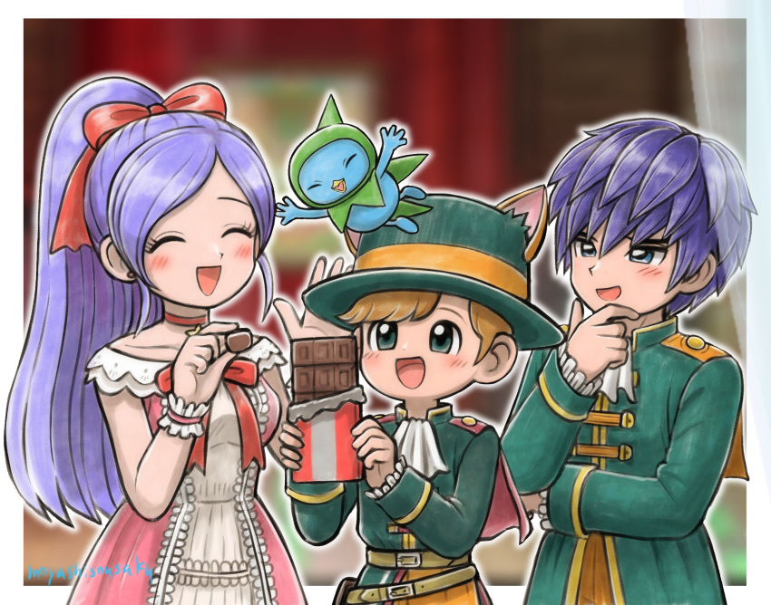 1girl, 1other, 2boys, animal_ears, aqua_jacket, artist_name, ascot, blue_hair, blue_skin, blurry, blurry_background, border, bow, brother_and_sister, brown_hair, candy, capelet, cat_ears, character_request, check_character, chocolate, chocolate_bar, choker, colored_skin, commentary_request, cousins, dragon_quest, dragon_quest_x, dress, dress_bow, earrings, fake_animal_ears, food, frilled_dress, frilled_wrist_cuffs, frills, green_eyes, green_hat, green_hood, green_jacket, hair_bow, hand_on_own_chin, hat, hero_(dq10), high_ponytail, highres, holding, holding_chocolate, holding_food, jacket, jewelry, kyururu_(dq10), looking_at_another, looking_up, mereade, moyapippi, multicolored_dress, multiple_boys, off-shoulder_dress, off_shoulder, open_mouth, orange_capelet, orange_pants, pants, pink_dress, ponytail, purple_hair, quad_(dq10), red_bow, red_capelet, red_choker, short_hair, siblings, smile, star_(symbol), star_choker, stud_earrings, top_hat, upper_body, white_ascot, white_border, white_dress, wrist_cuffs