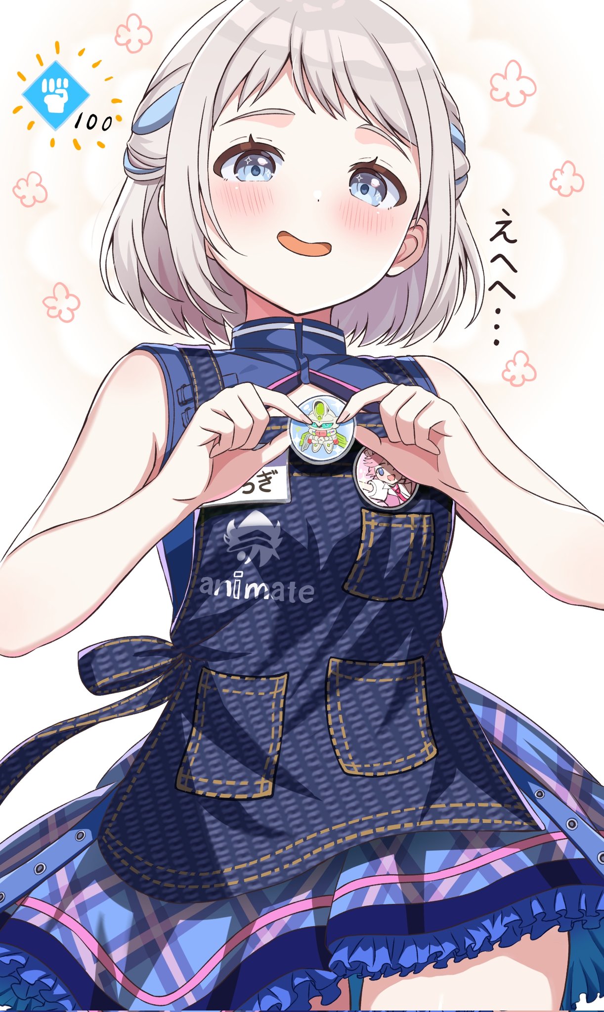 1girl, animate_(company), badge, bare_shoulders, blue_dress, blue_eyes, blue_ribbon, blush, braid, button_badge, cowboy_shot, crouching_start, denim_apron, dot_nose, dress, frilled_dress, frills, from_below, gakuen_idolmaster, grey_hair, hair_ribbon, half_up_braid, happy, highres, holding_badge, idolmaster, katsuragi_lilja, looking_at_viewer, looking_down, name_tag, open_mouth, plaid_clothes, plaid_dress, ribbon, ribbon_braid, short_hair, sleeveless, sleeveless_dress, smile, solo, star_(symbol), star_in_eye, symbol_in_eye