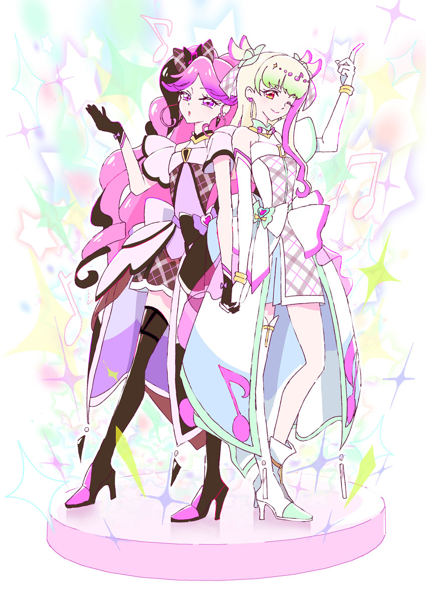 2girls, bare_shoulders, blonde_hair, blowing_kiss, blunt_bangs, blush, boots, braid
