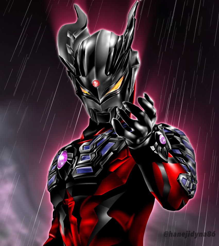 1boy, alien, armor, black_skin, black_sky, bracelet, breastplate, clouds