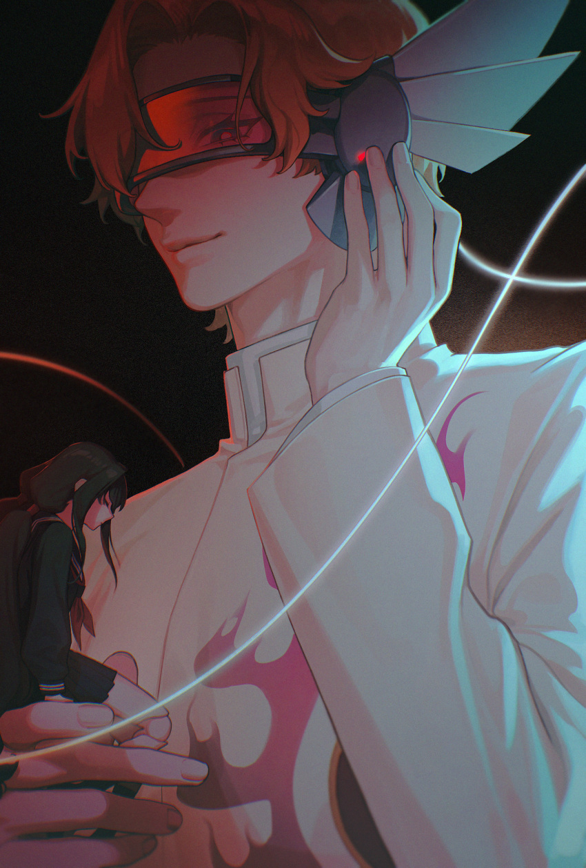 1boy, 1girl, angelic_layer, black_background, black_serafuku, blood-c, closed_mouth, creator_connection