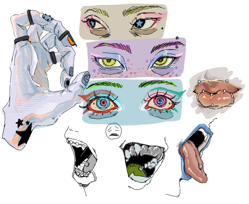 17_s_kyk, angelbite_(piercing), bags_under_eyes, blue_lips, blue_pupils, blue_skin, braces, colored_skin