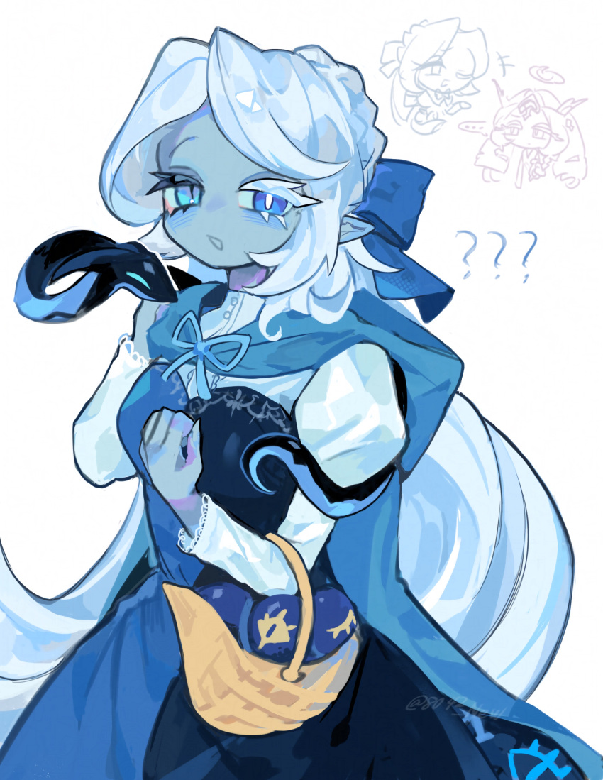 2girls, 8042_new, absurdres, blue_dress, blue_skin, colored_skin, commentary, cookie_run