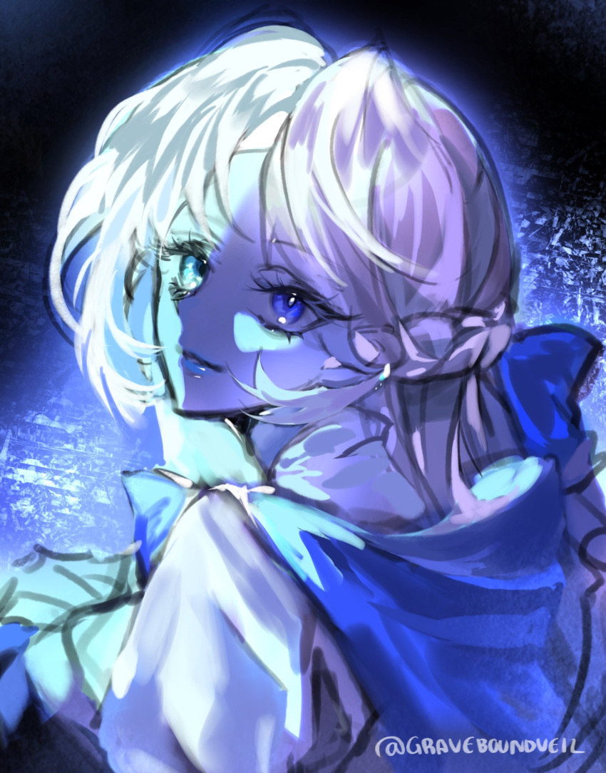 1girl, blue_dress, blue_skin, colored_skin, commentary, cookie_run, cookie_run:_kingdom, dress