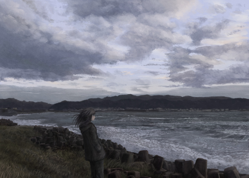 1girl, absurdres, akebonobashi_(artist), black_hair, clouds, cloudy_sky, commentary_request, dated_commentary