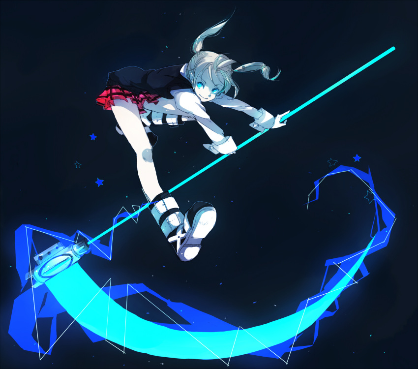 1girl, blonde_hair, blue_eyes, glowing, highres, maka_albarn, scythe, skirt