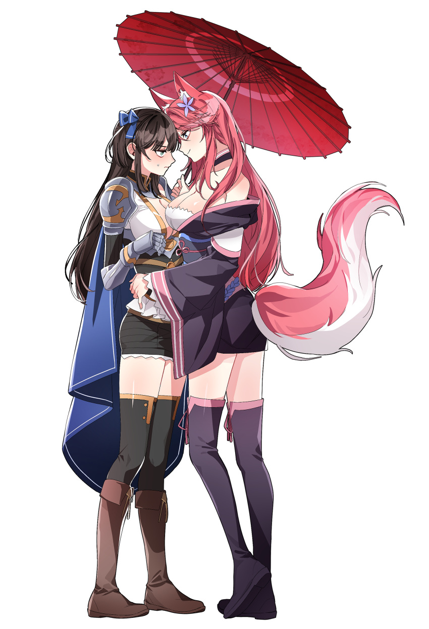 2girls, absurdres, animal_ears, blue_cape, boots, bow, cape, ceri_(sakura_dungeon), commission, commissioner_upload, fox_ears, fox_girl, fox_tail, full_body, hair_bow, highres, holding, holding_umbrella, hug, japanese_clothes, kimono, knee_boots, multiple_girls, non-web_source, nutella_1231, pink_hair, sakura_dungeon, smile, sweatdrop, tail, thigh_boots, torso_grab, transparent_background, umbrella, yomi_(sakura_dungeon), yuri