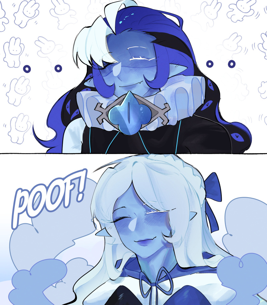 1girl, absurdres, blue_dress, blue_skin, colored_skin, commentary, cookie_run, cookie_run:_kingdom