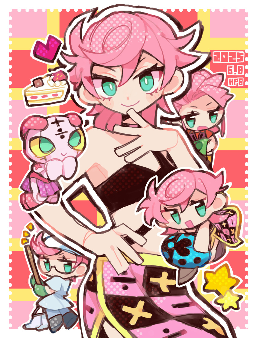 bare_shoulders, black_skirt, black_tank_top, cake, cake_slice, chibi, colored_sclera, commentary