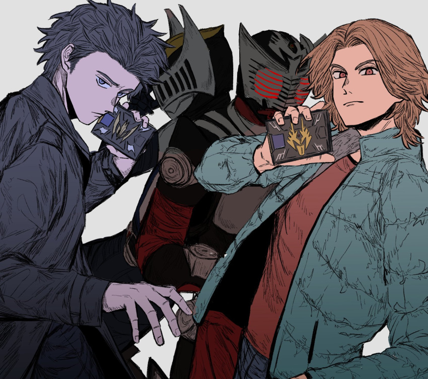 2boys, advent_deck, akiyama_ren, armor, black_bodysuit, black_coat, black_eyes, black_hair, blue_jacket, bodysuit, brown_eyes, brown_hair, coat, colored_skin, commentary_request, cowboy_shot, deck_of_cards, glowing, glowing_eyes, grey_background, group_picture, helmet, highres, jacket, kamen_rider, kamen_rider_knight, kamen_rider_ryuki, kamen_rider_ryuki_(series), kido_shinji, male_focus, multiple_boys, red_bodysuit, short_hair, simple_background, tantotete904, tokusatsu