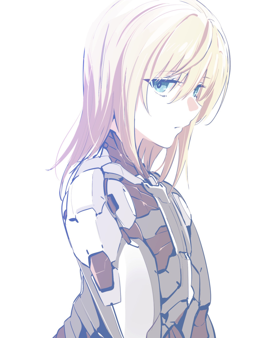 1girl, absurdres, android, blau_(mechanical_buddy_universe), blonde_hair, blue_eyes, closed_mouth, hair_between_eyes, highres, joints, kato_takuji, long_hair, looking_at_viewer, mechanical_arms, mechanical_buddy_universe, monochrome, robot_joints, science_fiction, short_hair, simple_background, solo, white_background