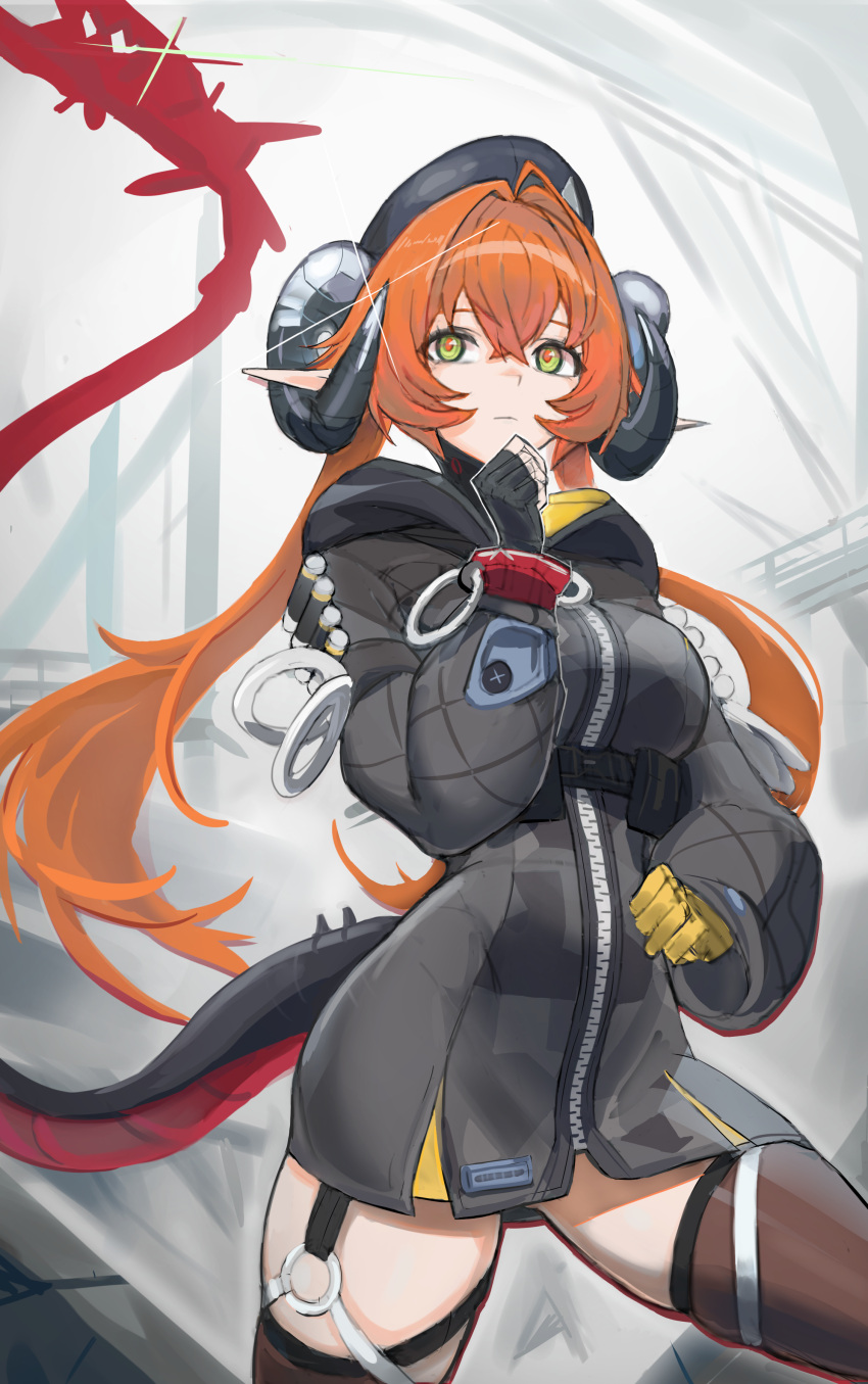 1girl, absurdres, asymmetrical_gloves, black_gloves, black_jacket, closed_mouth, cowboy_shot, fingerless_gloves